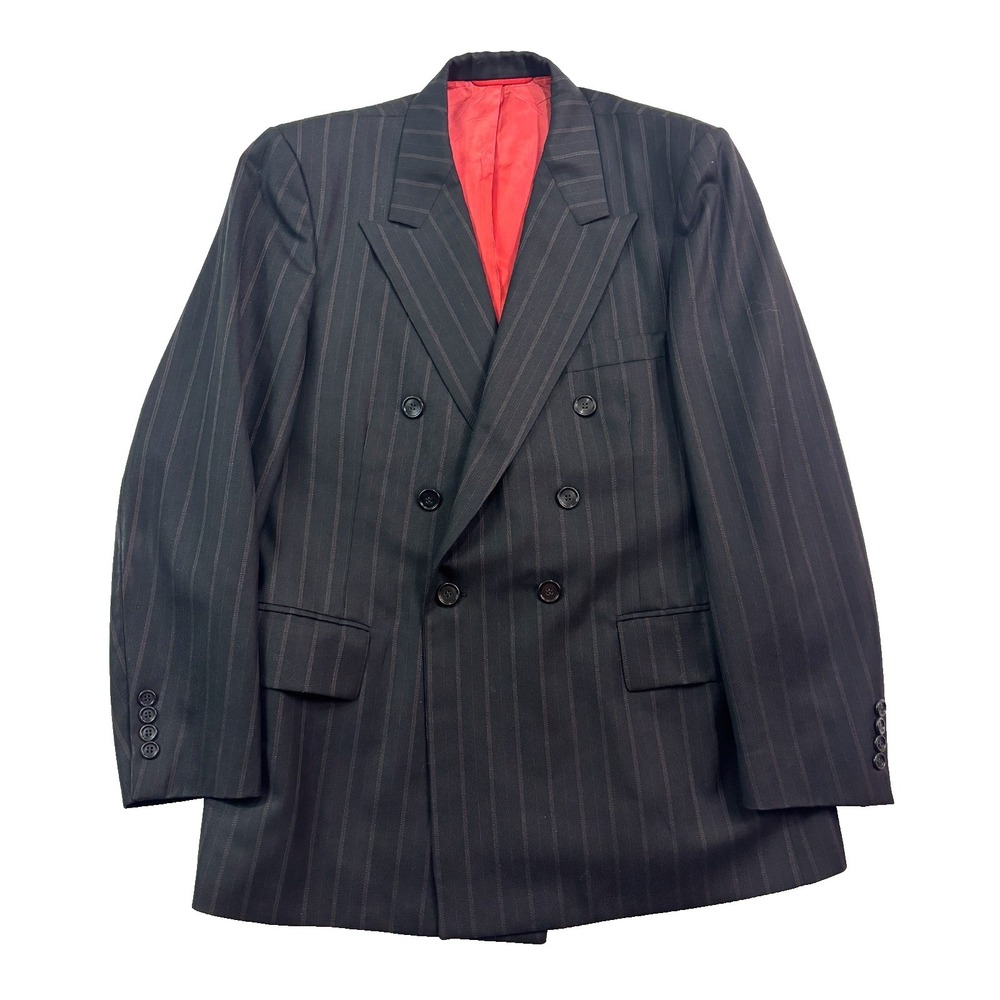 vtg 70s Johnny Carson 42R Black‎ Stripe Double Breasted Blazer Jacket Sport Coat